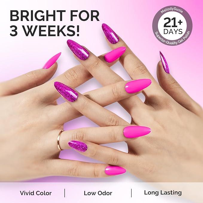 MelodySusie Thick Gel Nail Polish Set- 2 Pcs 15ML Hot Pink & Hot Pink Glitter Gel Polish Set Soak Off UV LED Christmas Gift for Women Nail Art Manicure Salon DIY Nail Design Decoration at Home