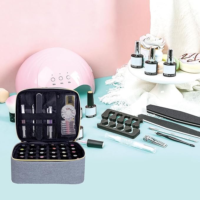 Nail Polish Organizer, Handheld Double Layer Organizer Holds 30 Bottles (15 ml/0.5 floz) with Adjustable Dividers for Nail Polish Small Manicure Lamp Manicure Tools Essential and Travel,Gray Gold