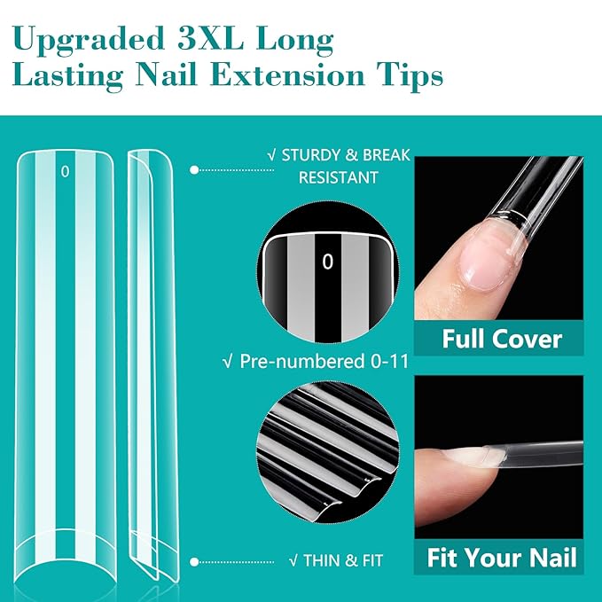 LIONVISON 3XL Clear NO C Curve Nail Tips for Acrylic Nails Professional, 240PCS Extra Long Tapered Square Nail Tips, 12 Sizes Straight Press On Gel Tips for Nail Salons Home DIY