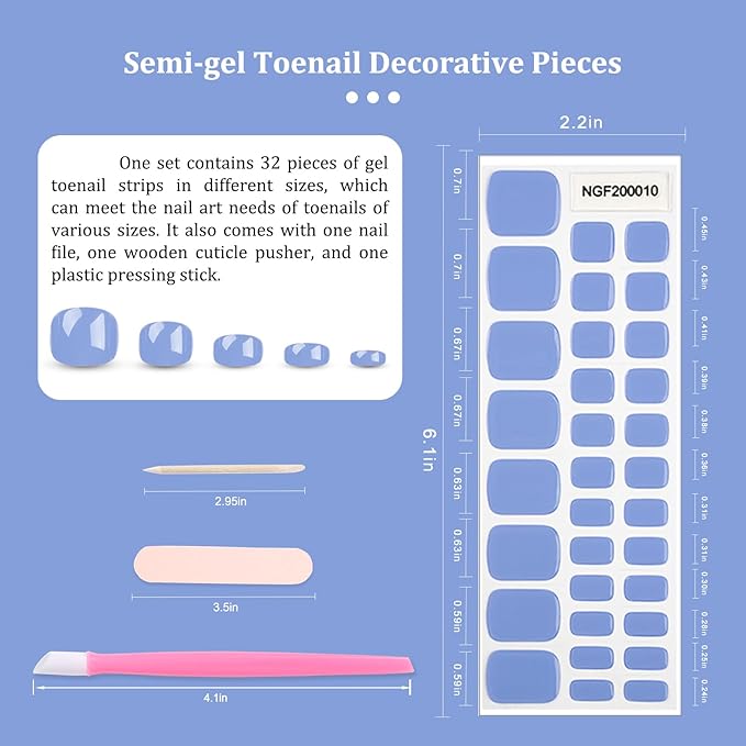 SILPECWEE Semi Cured Gel Nail Strips, Toenails Stickers Full Nail Wraps UV Light Required, Salon Quality, Easy to Apply & Remove, Toenail Strips for Women Girl (Dreamy Sky Red - 32PCS)