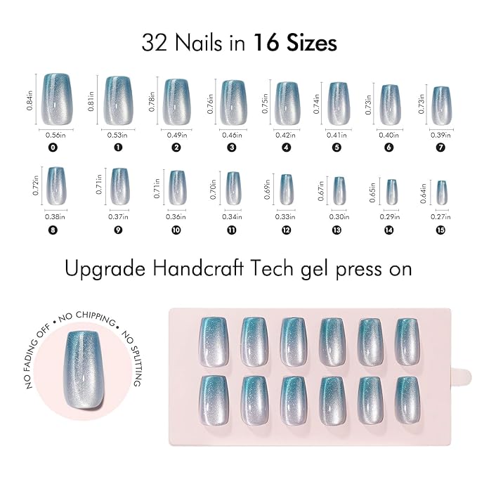 VSALON Press on Nails Medium Coffin, Ice Blue Cat Eye Chrome Shimmer Ombre Valentine Fake Nails, Reusable Soft Gel Semi-Transparent Glue on Nails, 32 Pcs in 16 Sizes Kits with Glue & Cuticle Oil