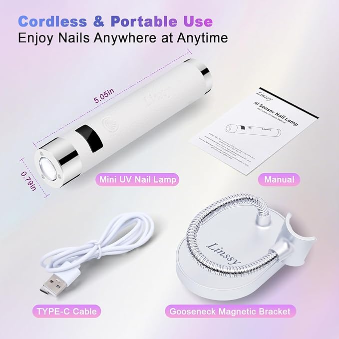 Mini UV Light for Nails with Auto Sensor & Gooseneck Stand,Portable Cordless Nail Lamp Flash Cure Lamp with LCD Display,Handheld UV Light for Gel Nails at Salon & Home Use (White)