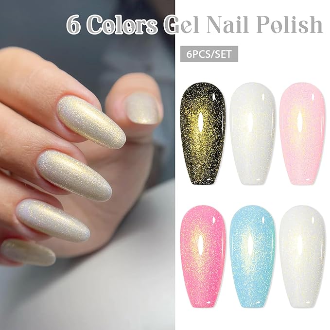 MEET ACROSS 5 Colors Gel Nail Polish with Glitter Gel Top Coat, Shimmery Nail Gel Polish Black White Pink Sky Blue Nail Polish Set Manicure DIY Home Salon 6Pcs*7ml