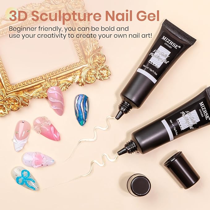 MIZHSE 3D Gel Nail Art, 2 Pcs 15g Clear Sculpting Gel Glue for Molding, Drawing, Charms & Gems, Chrome Powder, Rhinestone Design, No Wipe Nail Polish for DIY Nail Art