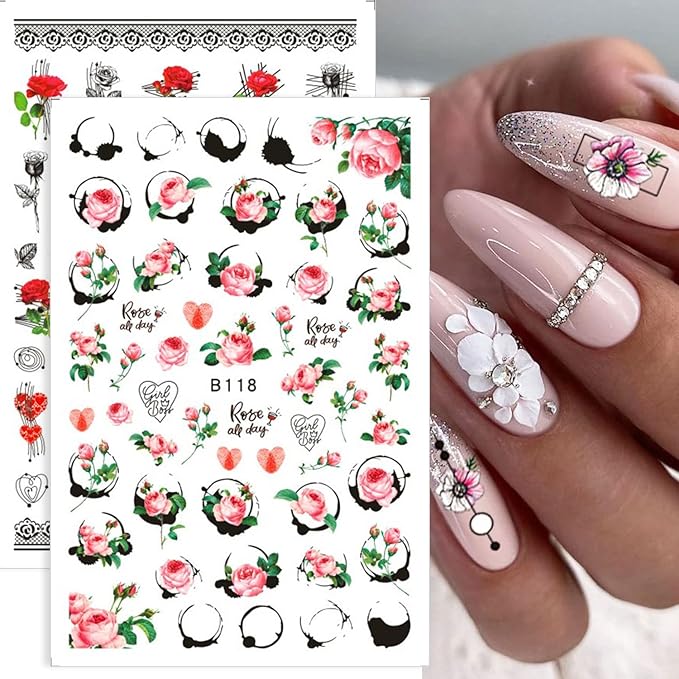 12 Sheets Rose Flower Nail Art Stickers Decals 3D Colorful Floral Self-Adhesive Graffiti Abstract Rose Love Heart Leaf Curve Line Design Supplies for Women Girls DIY Acrylic Nails Art Decoration