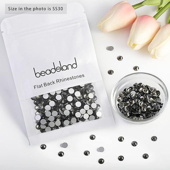 Beadsland 576pcs Flat Back Crystal Rhinestones Round Gems for Nail Art and Craft Glue Fix, Black Diamond, SS30,6.3-6.5mm