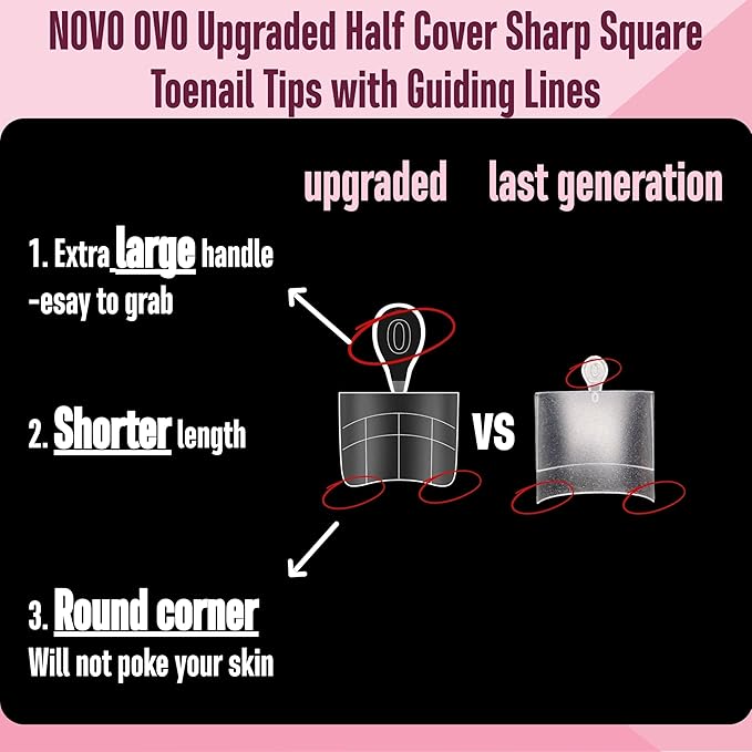 NOVO OVO Upgraded Flexible Half Cover Soft Gel Fake Toe Nail Tips with Auxiliary Line for Toenail Extension, Sharp Square Medium Wide for Men Women Acrylic pedicure in Salon x 15 Sizes 300 Pcs