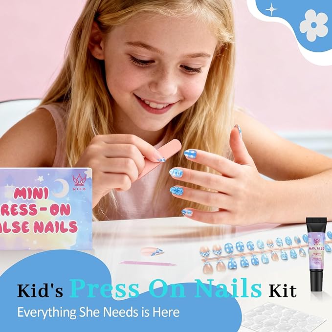 16 Sizes Press on Nails Kit for Kids - 32 Pieces French Almond Fake Nail Tips for Girls 8-12 Years Old with Jelly Nail Adhesives & No-Lamp Nail Glue, Birthday Christmas Gifts(French Blue Grid)
