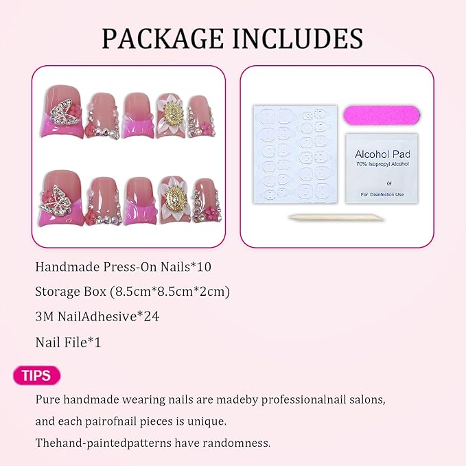 Luxury Handmade Press on Nails 3D Unique Flower Fake Nails Pink French Tip False Nail with Butterfly Rhinestone Designs Short Duck Muti-Layer Gel Acrylic Nail Full Cover Stick on Nails for Women（M)