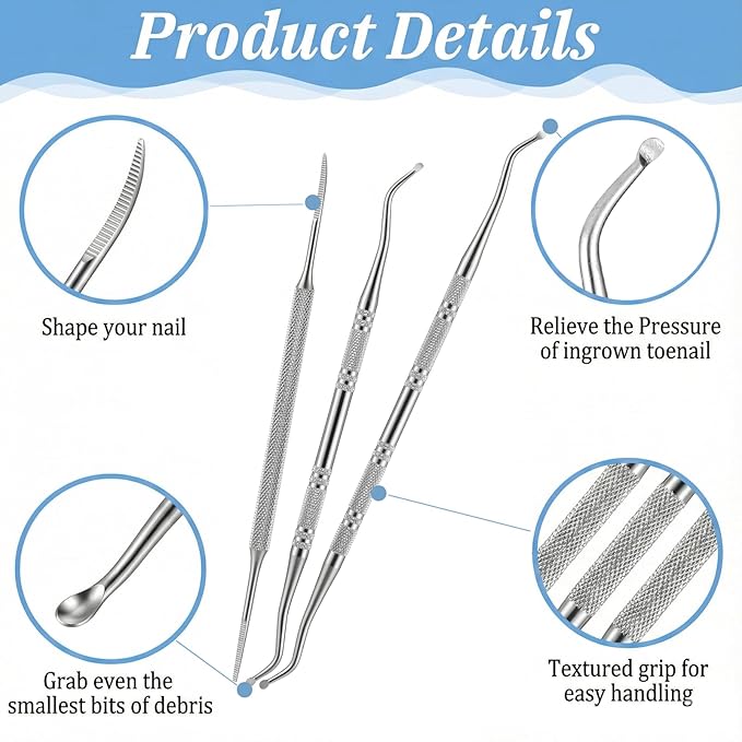 3 PCS Ingrown Toenail Removal Kit, Stainless Steel Pedicure Tools for Feet, Double Head Ingrown Toenail Cleaner Corrector Tool for Nail Cleaner Remove Dirt