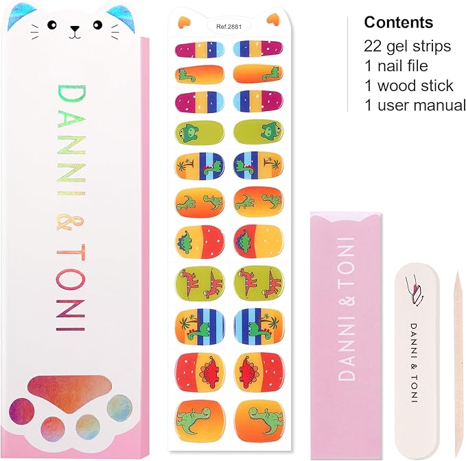 DANNI & TONI Kids Gel Nail Strips Dinosaur Beach Palm Tree Salon-Quality Peel & Stick Manicure for Children (Age 6+)– Safe, Long-Lasting, Easy to Apply | Dino Safari
