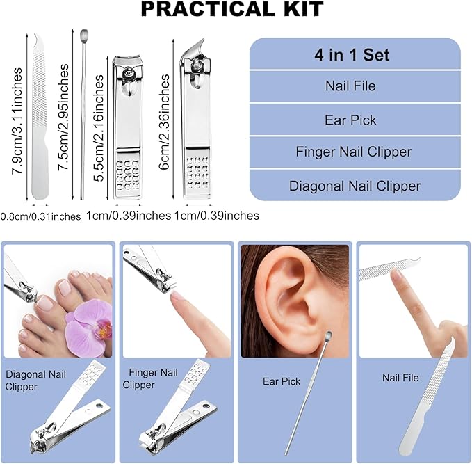30 Sets Finger Nail Clipper Set Bulk,4 in 1 Adult Stainless Steel Travel Manicure Kit with Case Individually Wrapped Nail Clippers Bulk for Homeless,Hotel,Charity(2 Colors)