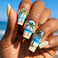 Medium Press on Nails Coffin Fake Nails with Designs Coconut Tree Glue on Nails Blue Seaside Acrylic Nails Summer Beach Artificial Nails Glossy Full Cover Stick on Nails for Women Girls