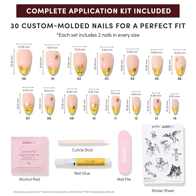 Glamnetic Press On Nails x Harry Potter™ - Helga Hufflepuff™ | Short Almond Fake Nails with Velvet Yellow French Tips & Gold Graphics, Officially Licensed | 15 Sizes - 30 Nail Kit with Glue