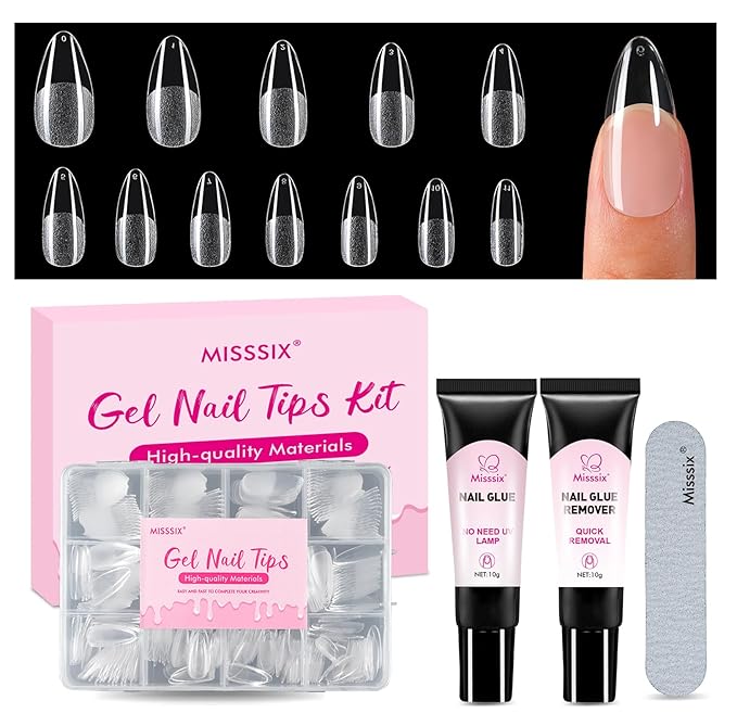 Misssix Medium Almond Gel Nail Tips, 216Pcs Pre Etched Clear Fake Nails, Full Cover Soft Acrylic False Nail Glue and Nail Glue Remover for Women 12 Sizes