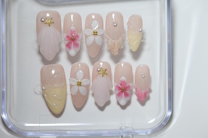 10Pcs Handmade Press-On Nails, Medium Almond Unique French Design with 3D Floral, Pearl, Starfish & Seashell. Reusable, Top-Tier Craftsmanship. For Women & Girls, Daily & Party Glamour (A014, Size S)