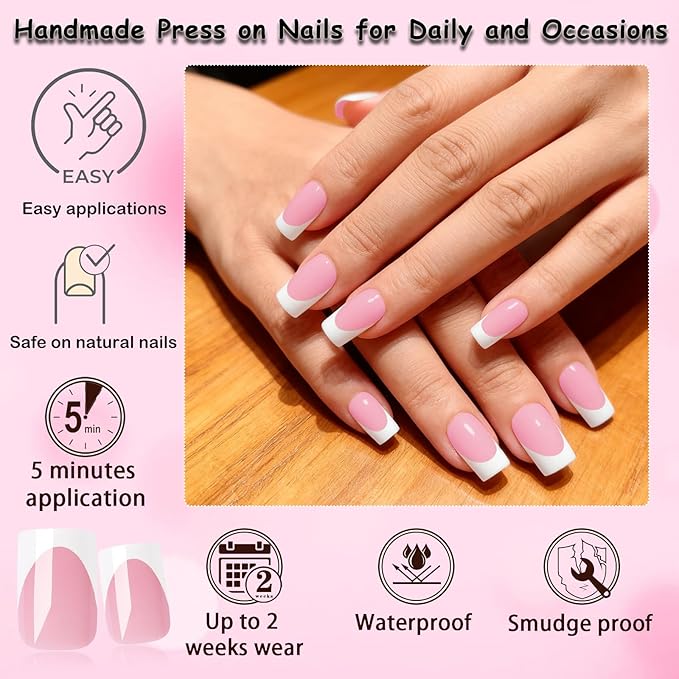 280pc French Tips Press on Nails Medium Square Fake Nail with Glue Tabs, French Tips Glue on Nails Press on Nail Square Acrylic Nails Medium Artificial Fingernails Women Girls Berry Pink False Nails