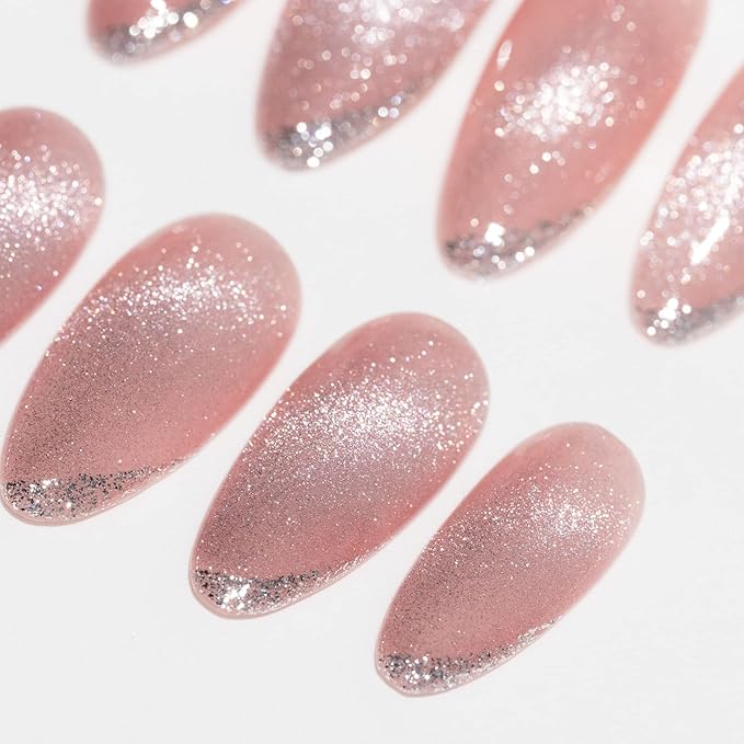 Sun&Beam Nails Handmade Medium Long Almond Pink False Nail Tips with Cute Magnetic Popular Charm Design Press On Nails 10 Pcs (#53 M)