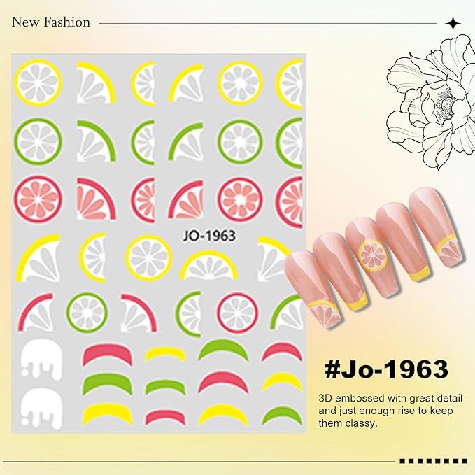 6 Sheet Fruit Nail Sticker for Nails Art 3D Embossed Self-Adhesive Cute Peach, Cherry, Lemon, Watermelon, Strawberry, Avocado Nail Decal Design Supplies for Women DIY Manicure Art Decoration YX1243