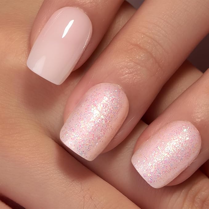 Curvlife Press on Nails Acrylic Fake Nails with Flash white Short Square Design Full Cover False Nails for Women Reusable Nail Kit