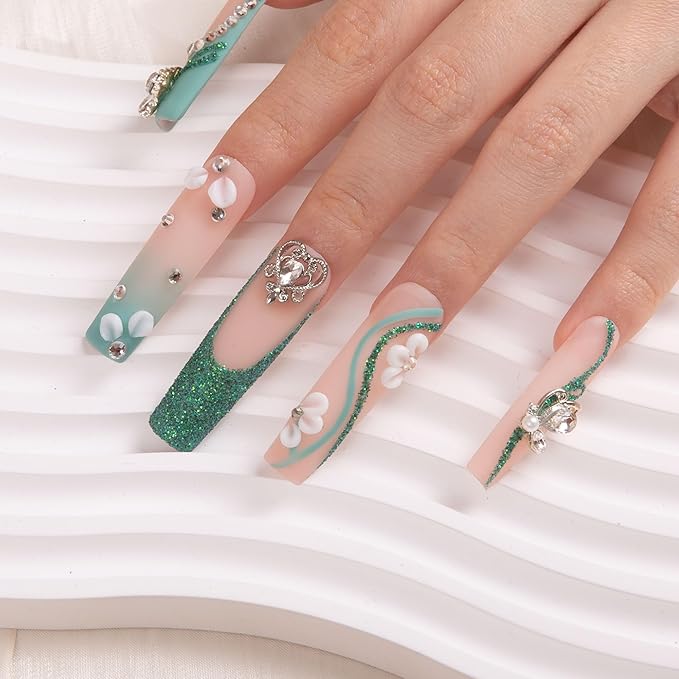 LOVFUL Press on Nails Emerald Vine| Handmade with Full Covered Crystals| Reusable Fake Nails| Square Mid length 1.7in| H244-S