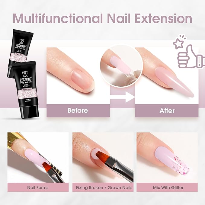 ROSALIND Light Purple Poly Extension Gel, 60ml/2 oz Gray Pink Poly Nail Gel Building Enhancement for Nail Thickening Decoration Fall Colors Set, Easy to DIY Use at Home Need UV Lamp