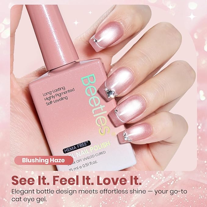 Beetles Blushing Haze Pink Cat Eye Gel Nail Polish - 15ML Valentines Gel Polish Glitter Pink Cat Eye Magnetic Translucent Glassy Effect Soak Off UV French Nail Art Manicure Gift for Wome