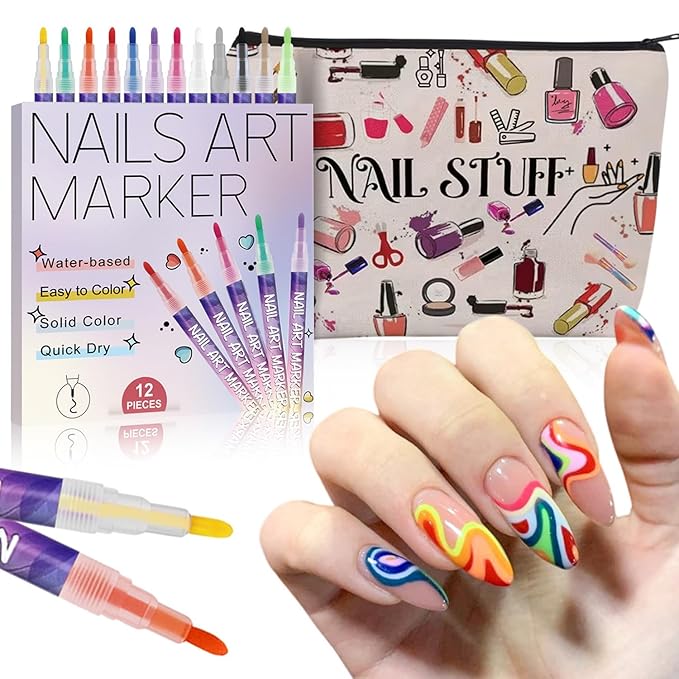 12 Colors Nail Art Pens Set & Women Make up Bag，1mm Acrylic Nail Art Polish Pen Point Graffiti Dotting Drawing Painting Liner Brush for Art Design DIY Manicure Tools Cosmetic Bag with Zipper
