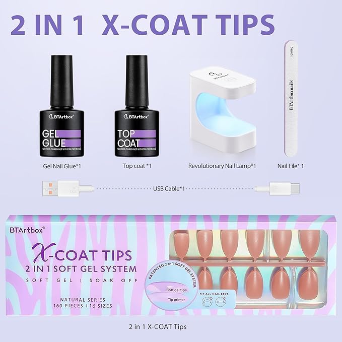 BTArtbox Short Almond Nail Tips - XCOATTIPS Gel Nail Kit with Tip Primer Base, 160 pcs Brown Pre-colored Fake Nails with Gel Nail Glue and Top Coat Nail Extension Kit for Nail Art