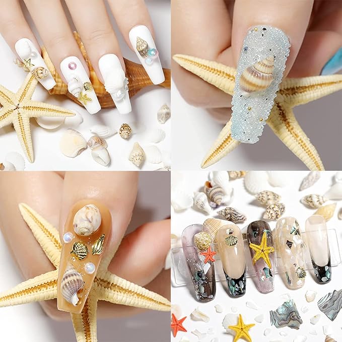 2 Boxes Summer Beach Nail Art Rhinestones Accessories Ocean Theme Shell Starfish Conch Nail Studs Sea Series Nail Art Rivets Charms Supplies for Nail Art Designs DIY Manicure Decoration（5-6）