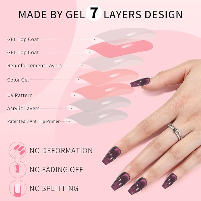 Purple Cat Eyes Press On Nails for Women Girls, 12 Size-24 Pcs Purple Medium Coffin Fake Nails, Skycloud Reusable Stick On False Nails SK0721