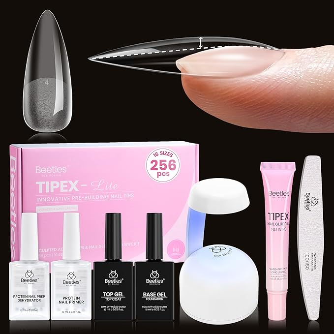 Beetles Tipex Lite Nail Tips Kit with Dehydrator & Primer, Medium Stiletto Full Cover Clear Nails 256PCS 16 Sizes, Mini UV Lamp, 20g Solid Nail Glue, Base & Top Coat, All-in-One Nail Starter Kit