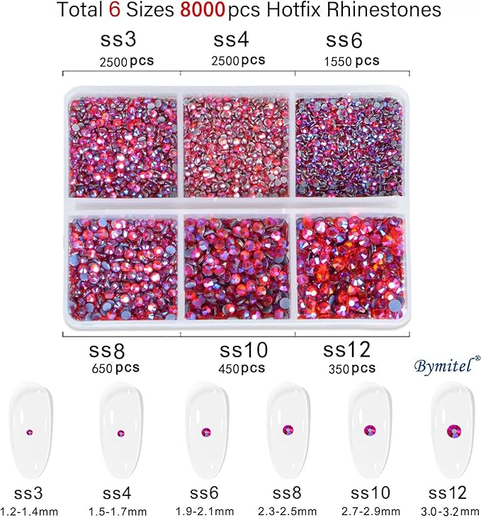 Bymitel Hotfix Crystal Rhinestones Round Gems for Crafts,Mixed 6 Sizes with Wax Pencil Kit, Siam AB1.3-3.2mm(SS3-SS12/8000pcs)