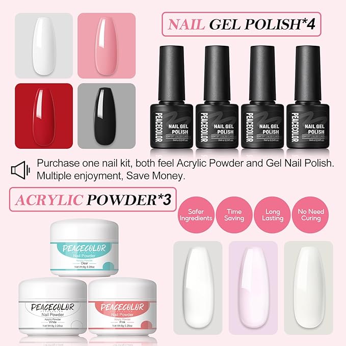 Peacecolor Acrylic Nail Kit for Beginners with Everything ,Professional Nail Kit Acrylic Set with Drill U V Light 21Pc Glitter Powder Gel Polish Decorations Gel Nail Gift Set for Home Salon