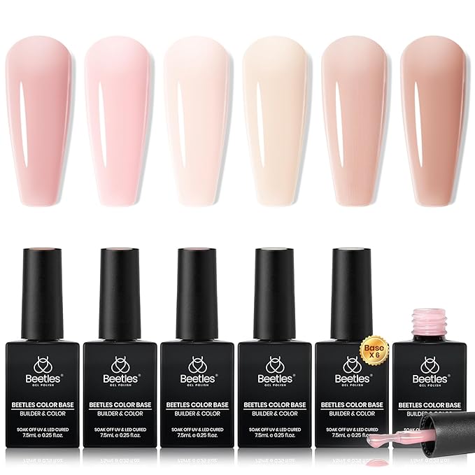 Beetles Rubber Base Gel Nail Polish, 6 Colors Nude Gel Polish Pink Peach Neutral Sheer French Tips Base Colors for Nails Flexible U V LED Soak Off for DIY Home Manicure Nail Gifts
