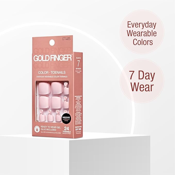 GoldFinger 24 Pcs Press On Toenails, Wide Fit Fake Nails, Baby Pink Gel Stick On Extensions, Reusable DIY Pedicure False Nail Kit with Glue, Cuticle Stick & File, 7 Day Long Lasting Wear