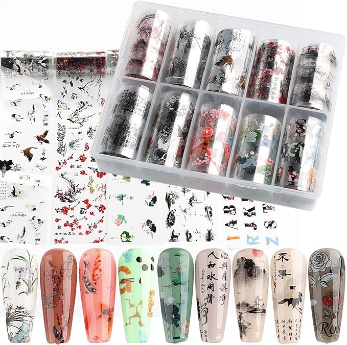 JERCLITY 10 Rolls Chinese Style Nail Foil Transfer Sticker Chinese Characters Ink Painting Pattern Foil Nail Art Decals Transfer Stickers Wraps