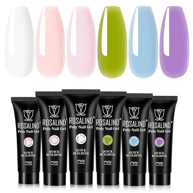 ROSALIND Poly Nail Gel, 6 Colors 0.34 oz/10 ml Poly Extension Gel Pink Blue Green Nail Enhancement Strong Builder Hard Gels for French Manicure Home Salon Design, Need U V/LED Lamp
