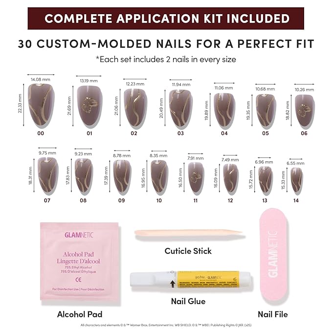 Harry Potter™ x Glamnetic Press On Nails - Golden Cup™ | Semi-Transparent Brown 3D Gold Graphic Short Almond Nails in a Chrome & Glossy Finish | 15 Sizes - 30 Nail Kit with Glue