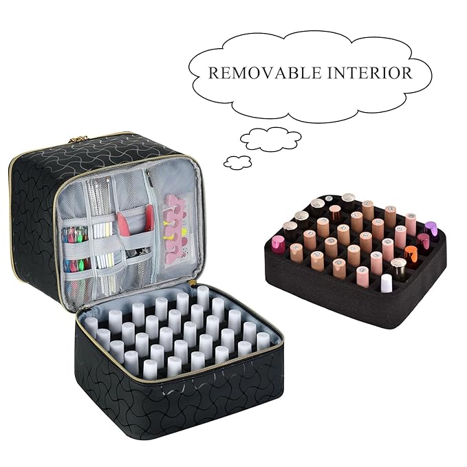 Upgraded Nail Polish Organizer Case - Holds 30 Bottles and 1 Nail Light, Double-layer Nail Bag Organzier Case Nail Polish Storage Bag with Handles (Black-HX)
