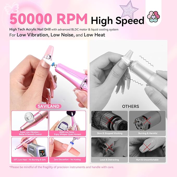 SAVILAND 50000RPM Professional Nail Drill: Rechargeable Electric Nail File 6000mAh Battery Nail Filer Electric for Manicure Pedicure Shaping & Acrylic Removal Salon Use Drill para Uñas Profesional