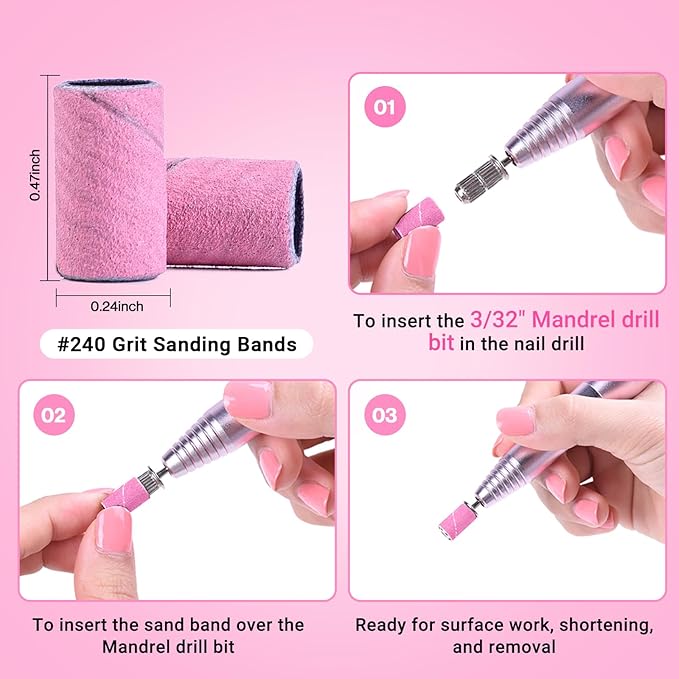 MelodySusie 100 Pcs Nail Drill Bits Sanding Bands for Nail Drill 240 Extreme Fine Grit Nail File Sanding Bands for Acrylic Nails Gel Manicures and Pedicure,Light Pink