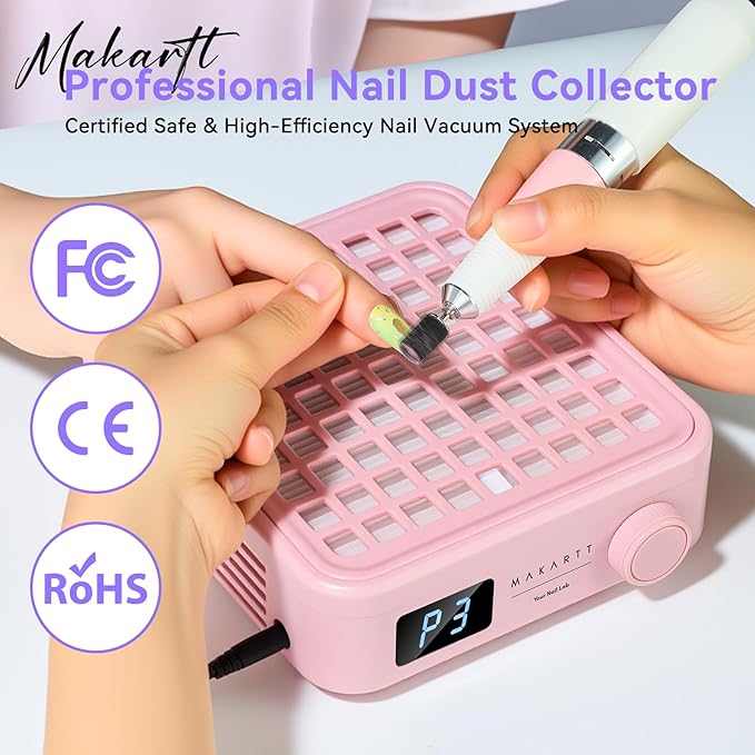 Makartt MIni Nail Dust Collector - Professional Powerful Suction Larina Dust Cleaner with LED Display, Adjustable Speed Wrist Rest and Reusable Filter for Nail Tech Acrylic Gel Polishing Pink