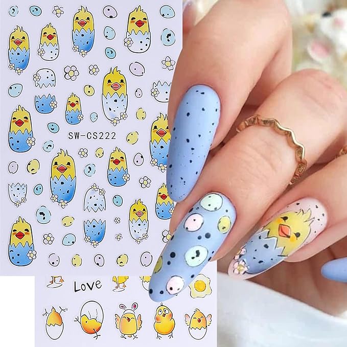 Easter Bunny Nail Art Stickers Decals 12 Sheets 3D Self-Adhesive Cute Rabbit Nail Art Stickers Easter Egg Chick Ears Designs Colorful Flower Daisy Spring Sliders Holiday Manicure Decoration