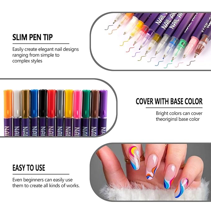 Easter Gifts 12 Colors Nail Art Pens Set, Nail Art Markers Nail Polish Pens for Drawing Painting Point Liner Acrylic Paint Pen Kit Quick-Drying DIY Nail Art Beauty Adorn Manicure Tools