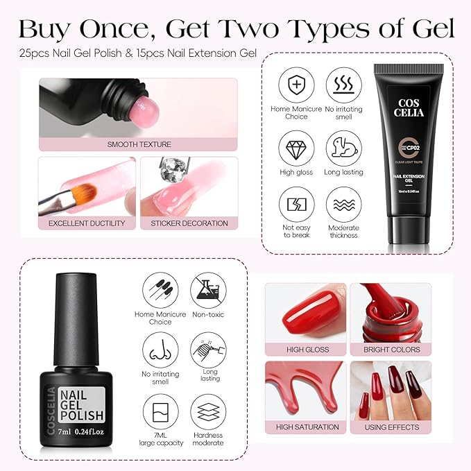 COSCELIA 67PC Two-Type Gel Nail Polish Kit with U V Light, 25pcs Gel Polish with 15 Colors Poly Extension Gels for Beginners with Everything Glitter Decorations French Manicure Gifts for Women
