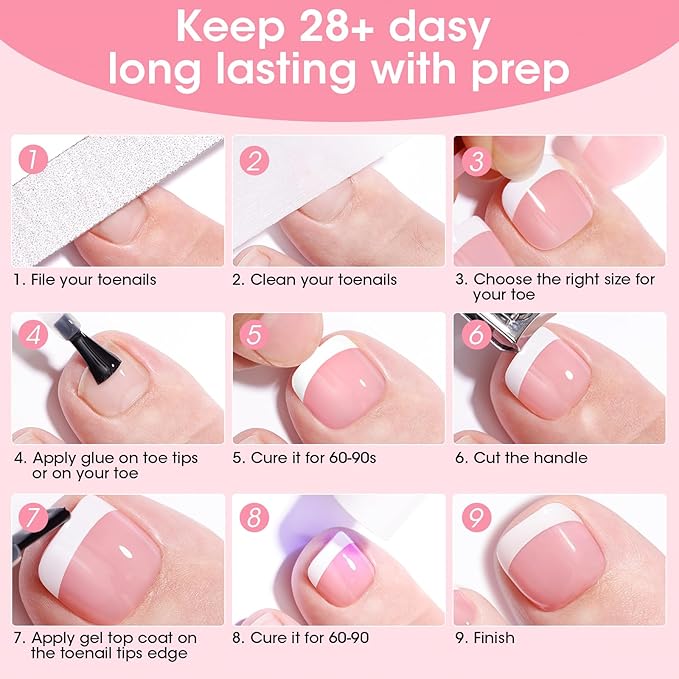 French Tip Toe Nail Tips Press on, Gellen Toe Nail Press ons Short Pink, Chip-free Soft Gel Toe Nail Tips Full Cover Pre-designed for Fast Pedicure, 15 Sizes 240pcs Fake Toenails