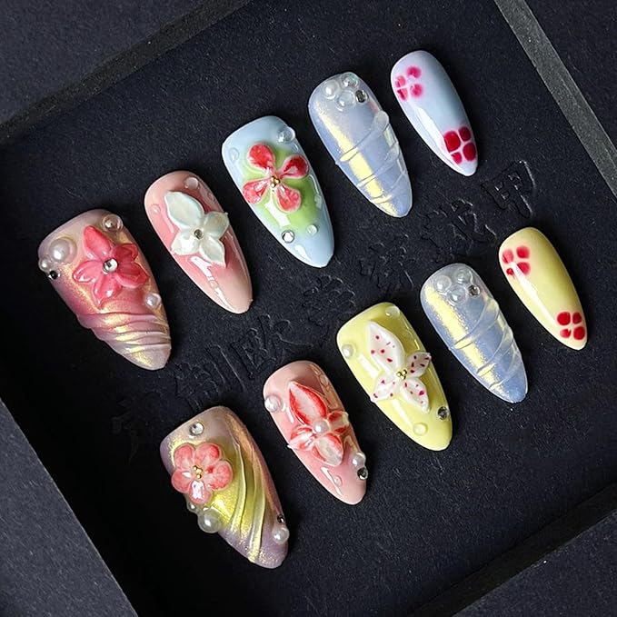 Handmade Medium Almond Nails Thick Press on Nails Aurora Colourful Fake Nails with 3D Tropical Flower Art Design Reusable Acrylic False Nails with Glue, Nature Stick on Nail for Wome (Size S)