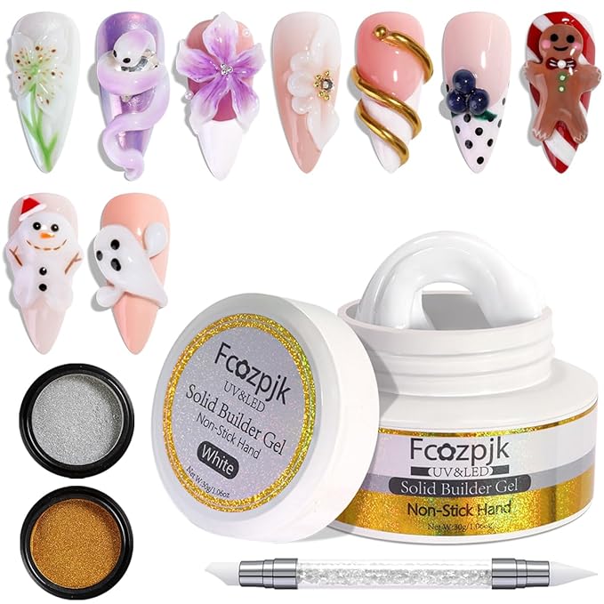 White 3D Sculpting Gel for Nails, 30g Solid Builder Nail Gel with Silicone Carving Pen Gold Silver Chrome Powder Non-sticky Hand Hard Gels Sculpture Modeling Design DIY Home Manicure Salon