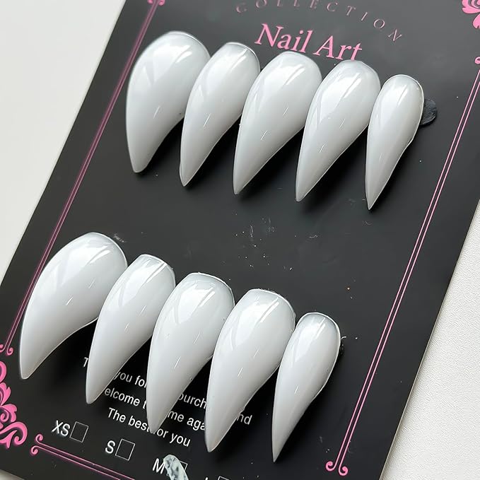 Luxury Press on Nails Medium Stiletto Handmade Eagle Claw Unique Reusable ABS Material White Fake Nails Cat Claw False Nails with Solid Colour Designs Glossy Glue on Nail Curved Thick Acrylic Nail(M)